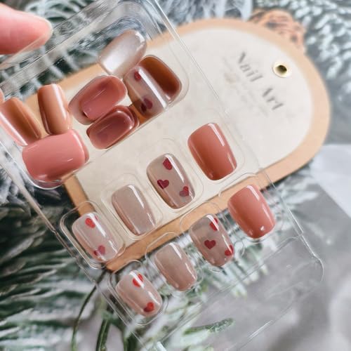 Short Square Heart Press on Nails Nude Glossy Gradient False Nails