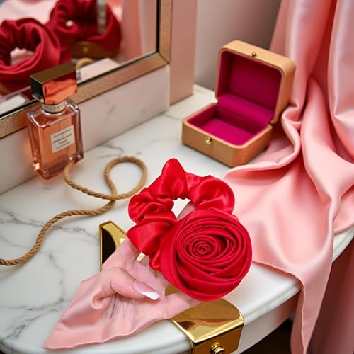 Silk Satin Hair Scrunchies Handmade Rose Flower Ponytail Holder Wine Red