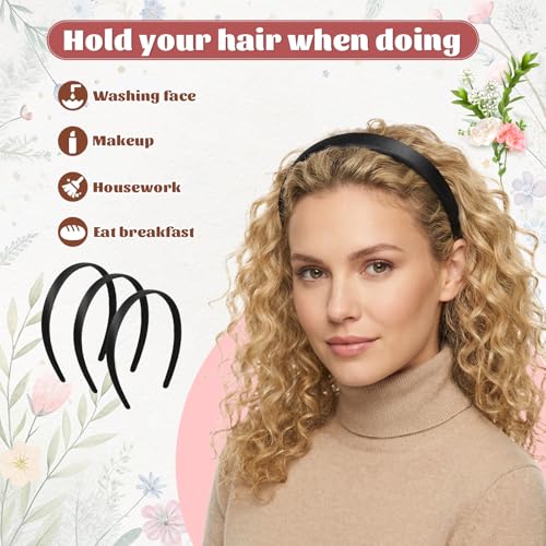 Tiesome 3-Piece Satin Black Headbands - 0.6 Inch Wide Non-Slip Hair Bands
