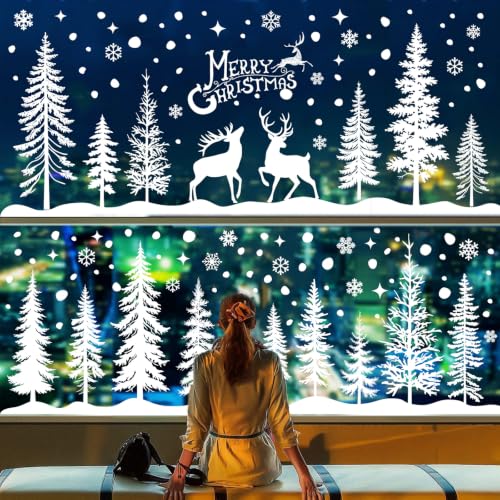 Christmas Window Clings - Double Sided White Xmas Forest Tree Snowflakes Deer Decorations