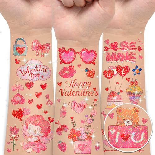 EMOME Glitter Valentine Temporary Tattoos for Kids Party Favors Goodie Bags