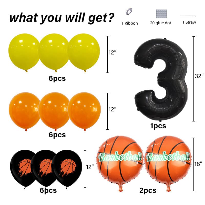 Basketball Party Balloon Set - Black Number 3 Foil & Latex Balloons