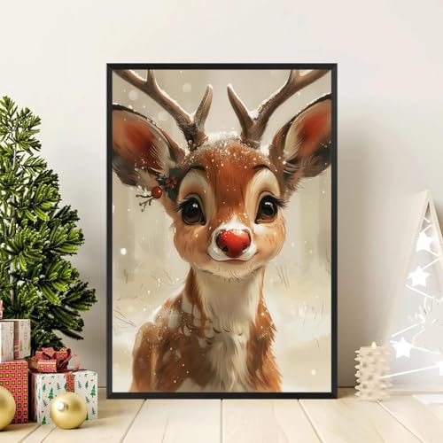 Cute Elk Canvas Poster - Red Nosed Reindeer Wall Art 12x16in