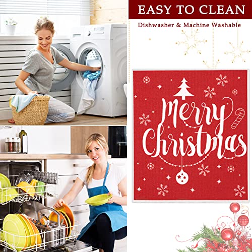 Red Christmas Swedish Dishcloths Set - Reusable Kitchen Towels with Snowflake Reindeer Tree Design