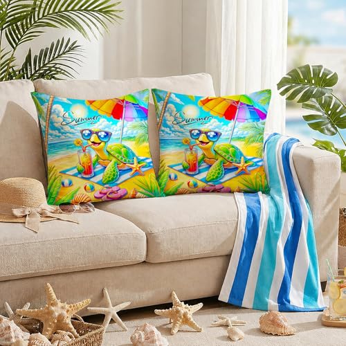 Summer Beach Sea Turtle Throw Pillow Covers Set of 2 18x18 Inches - Coastal Home Decor