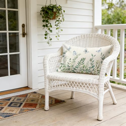 Eucalyptus Floral Butterfly Pillowcase 12x20 Inch | Double-Sided Linen Cushion Cover