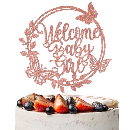 PEUTIER Welcome Baby Girl Cake Topper, Rose Gold Glitter, 8.27x5.71 Inch