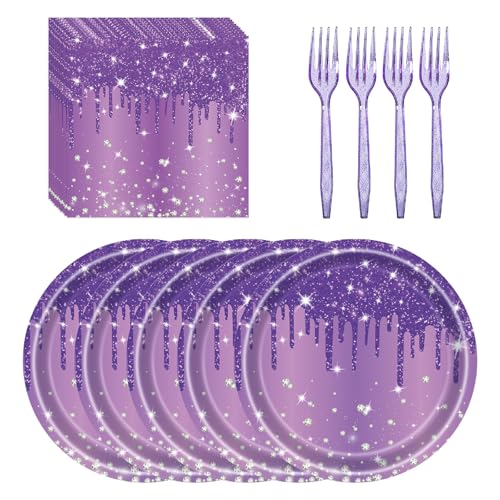 Purple Glitter Party Tableware Set - 72 Pcs for 24 Guests