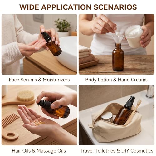 QUUPY 3-Pack 30ml Amber Glass Pump Bottles for Lotion and Essential Oils