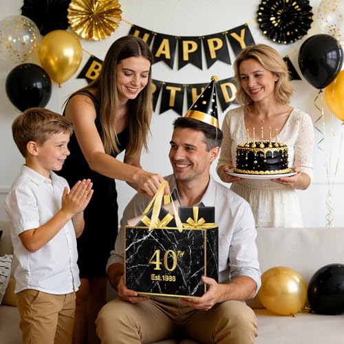 Yoirrat Black Gold 40th Birthday Gift Bag with Tissue Paper and Card