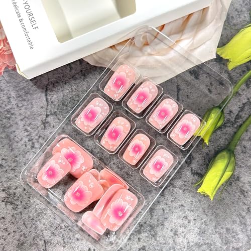 Pink Floral Press on Nails Medium Square Glossy Fake Nails 24Pcs