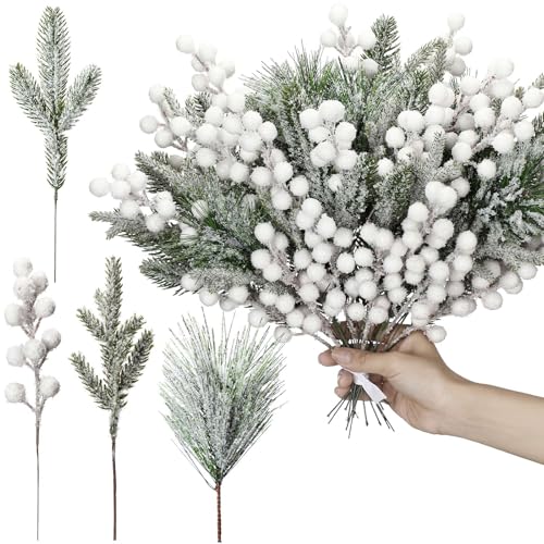 White Snowy Pine Tree Picks & Berry Stems - Christmas Decor - 80 Pcs