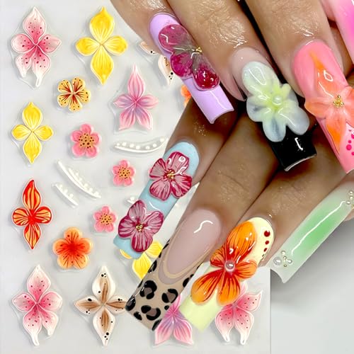 5D Embossed Hawaiian Flower Nail Stickers Lily Hibiscus Decals (4 Sheets)