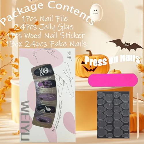 Halloween Press on Nails Short Goth Acrylic Fake Nails Bat Ghost