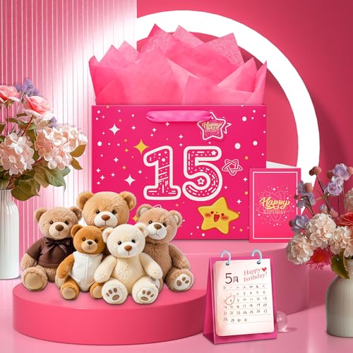 15th Birthday Gift Bag Set - Pink Starry Sky Design, Medium Size