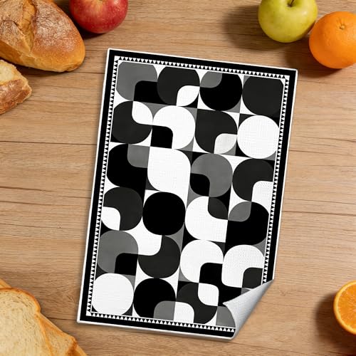 Retro Black and White Kitchen Towels - Mid Century Modern Design, 16x24 Inches