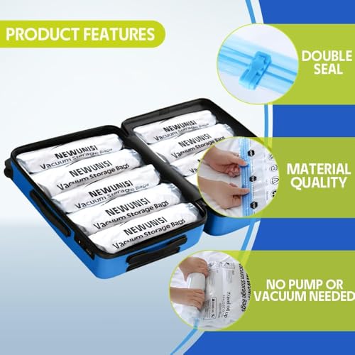 Newunisi 12-Piece Travel Vacuum Storage Bags, Roll-Up Compression Bags