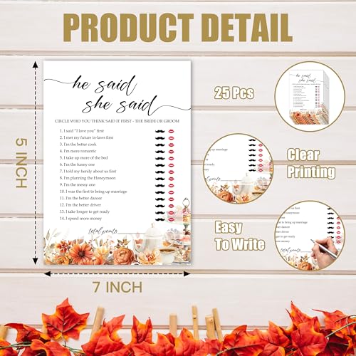 Fall Bridal Shower Games Cards Set - He Said She Said Wedding Party 25 Pack