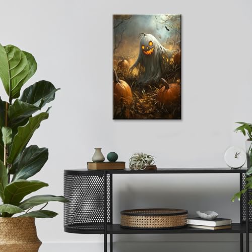 Vintage Halloween Wall Art - Ghost & Pumpkin Poster 12x16in