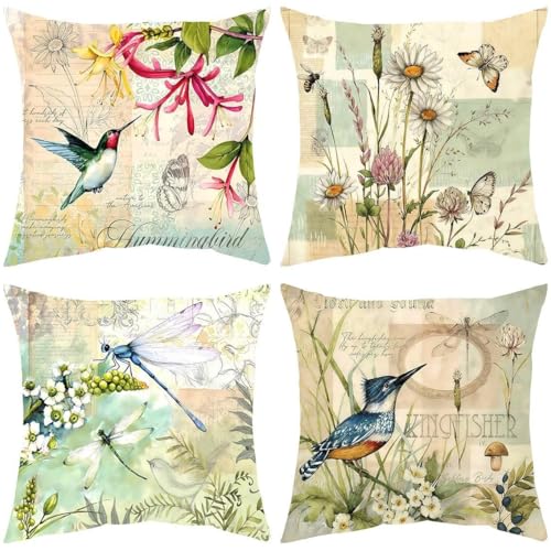 Set of 4 Bird Pillow Covers 18x18 - White Linen Farmhouse Decor