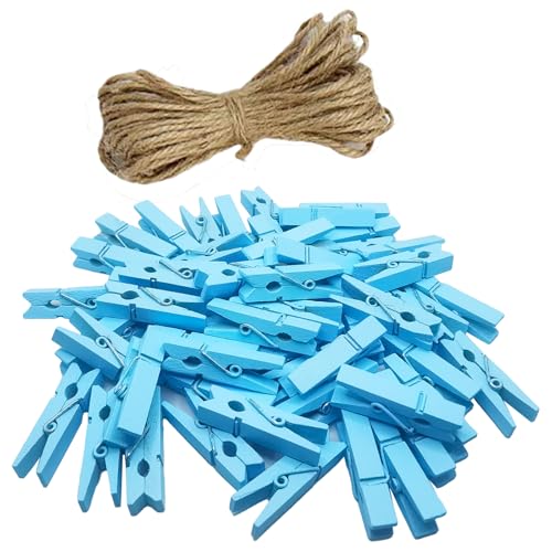 100 Mini Wooden Clothespins - Blue Small Clothes Pins for Photos