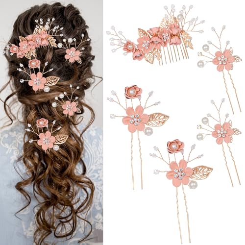 5-Piece Pink Bridal Hair Pins & Comb Set with Pearls and Rhinestones