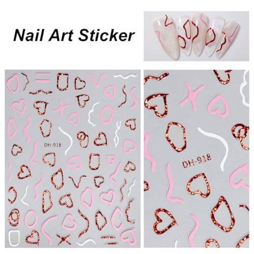 Abxqa 10 Sheets Valentine Nail Art Stickers 3D Self Adhesive Heart Bow Decals