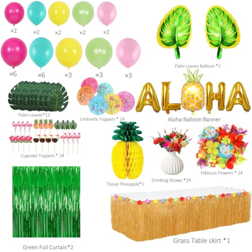 Luau Party Decorations Set - Hawaiian Birthday Decor with Table Skirt, Balloons, and Cupcake Toppers