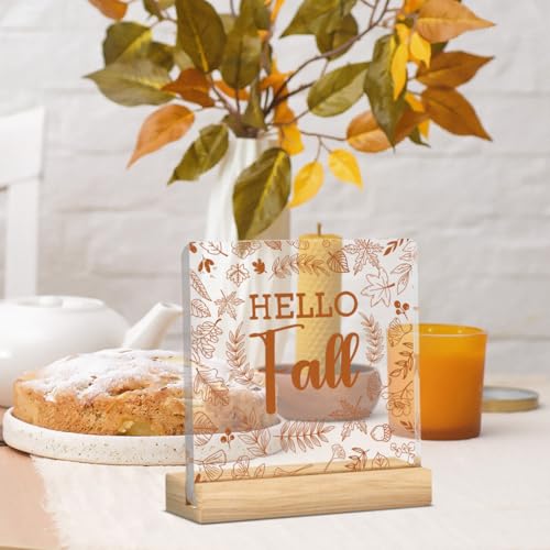 Fall Acrylic Sign with Wooden Base - 4x4 Inch Thanksgiving & Autumn Office Desk Decor
