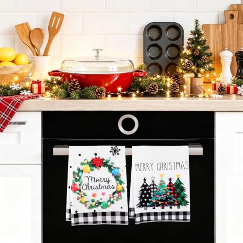 2Pcs Black White Buffalo Plaid Xmas Trees Christmas Dish Towels - Rustic Kitchen Decor