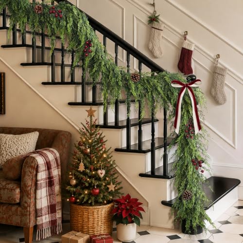 9FT Artificial Cedar Pine Garland for Mantle & Home Decor - Lush & Weatherproof