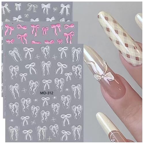 5D Bows Nail Art Stickers & Decals - Pink & White Embossed Bowknot Manicure