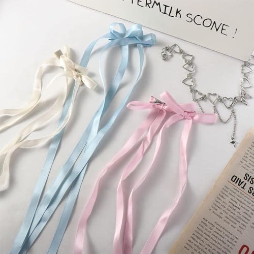 Pink Double Bow Hair Barrette with Long Ribbon for Women and Girls