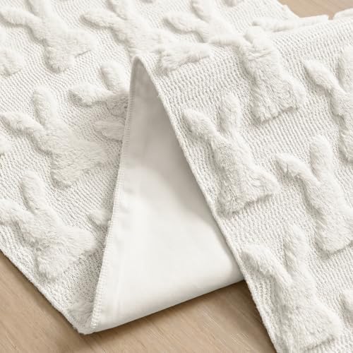 White Faux Fur Bunny Rabbit Easter Table Runner 13x36 Inch - Seasonal Home Decor