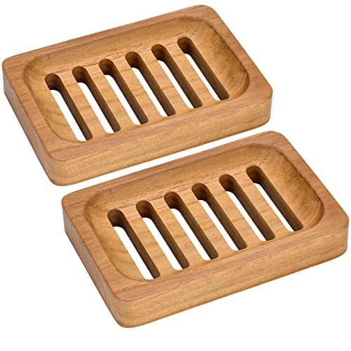 DEBETOOL Teak Wood Soap Dish - 2-Pack Self-Draining Holder for Bathroom & Kitchen