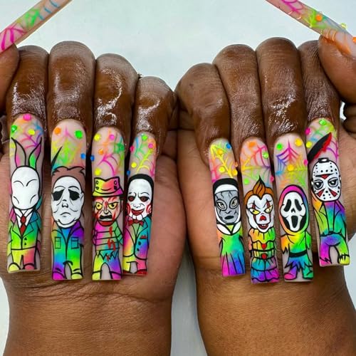 Halloween Long Square Press on Nails - Spooky Rhinestone Fake Nails Kit