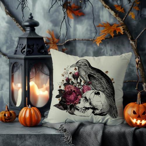 Halloween Skull & Raven Throw Pillow Covers 18x18 Inch, Set of 2
