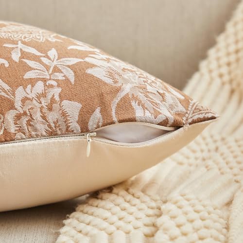 Floral Jacquard Throw Pillow Covers, 18x18 Caramel Cotton Set of 2
