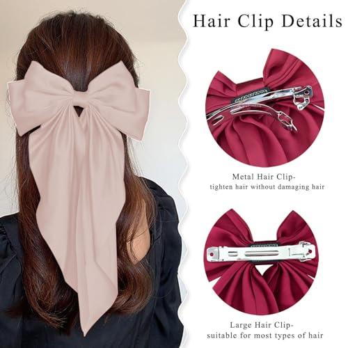Large Satin Hair Bow Clip Long Tail Champagne Pink French Barrettes