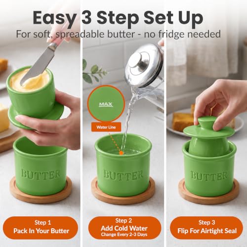 Green Butter Crock with Lid and Spreader Knife - Ceramic French Butter Dish