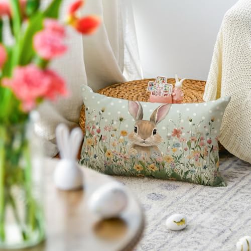 Easter Bunny Wildflowers Throw Pillow Cover 12x20 Inch
