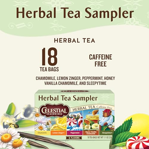 Celestial Seasonings Herbal Tea Sampler Pack - 18 Caffeine-Free Tea Bags, Includes Chamomile, Lemon Zinger, Peppermint & More