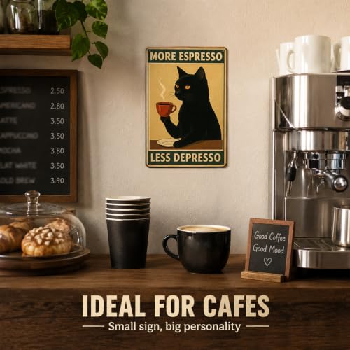 Black Coffee Cat Metal Sign - 8x12 Inch More Espresso Less Depresso Decor