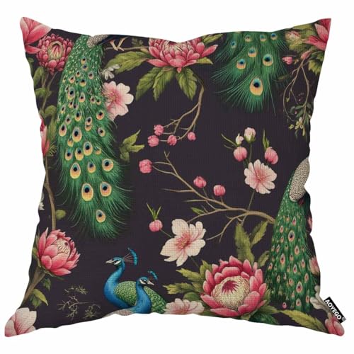 Peacock on Cherry Tree Throw Pillow Cover, 18x18 Inch Cotton Linen Cushion