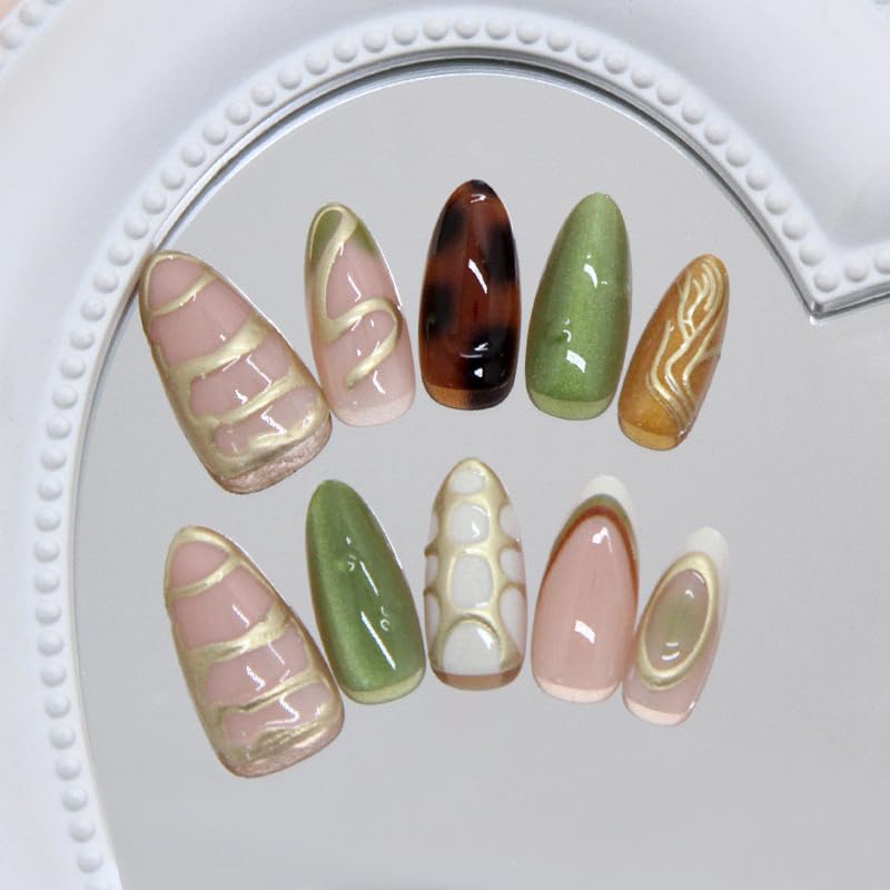 Medium Almond Press on Nails 30Pcs Green Glitter Gilded Lines False Nails