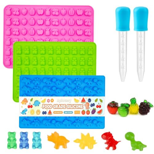 3Pcs Silicone Gummy Candy Molds Set - Bear, Dinosaur & Fruit Shapes w/ Droppers