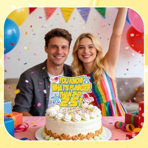 Funny 25th Birthday Cake Topper - Yellow Cartoon Cardstock with Acrylic Sticks