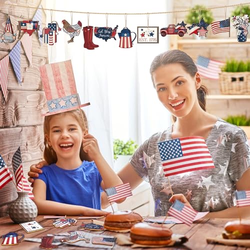 Patriotic Christmas Ornaments Set - Wooden 36 pcs Red White Blue Holiday Decor
