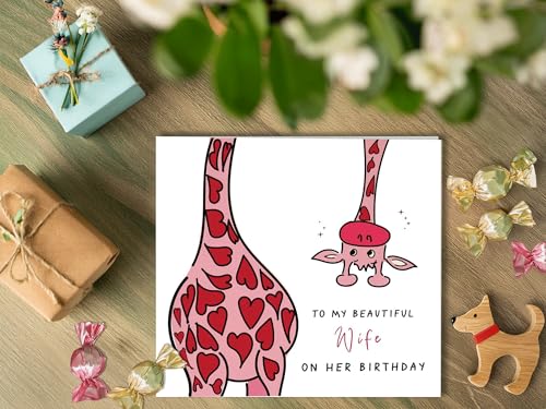 Cute Giraffe Birthday Card for Wife | Square Folded Card with Kraft Envelope
