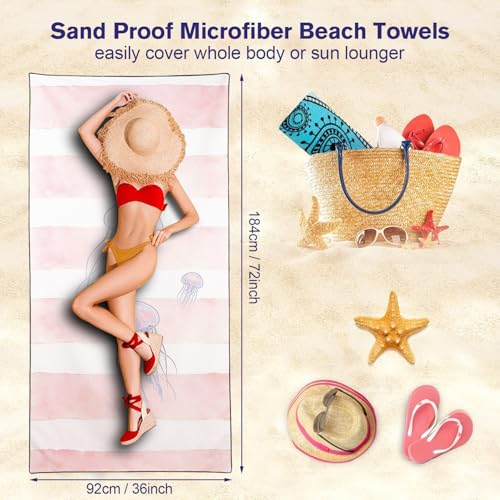 KLRIGR Oversized Jellyfish Beach Towel 36x72in Microfiber Sand-Free Quick Dry - Stripe Watercolor